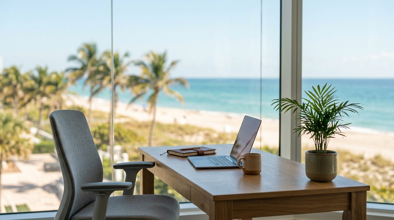 Desk with a laptop, calculator, and paperwork beside a beach-themed vacation calendar, suggesting unused vacation pay planning.