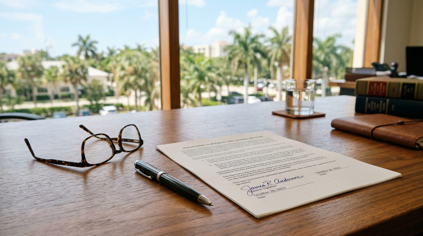 Desk with a signed separation agreement, pen, and eyeglasses beside a Florida office window.