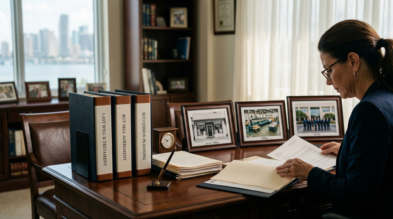 Desk with a will, buy-sell agreement, and succession planning binders beside framed photos of the business across different eras.