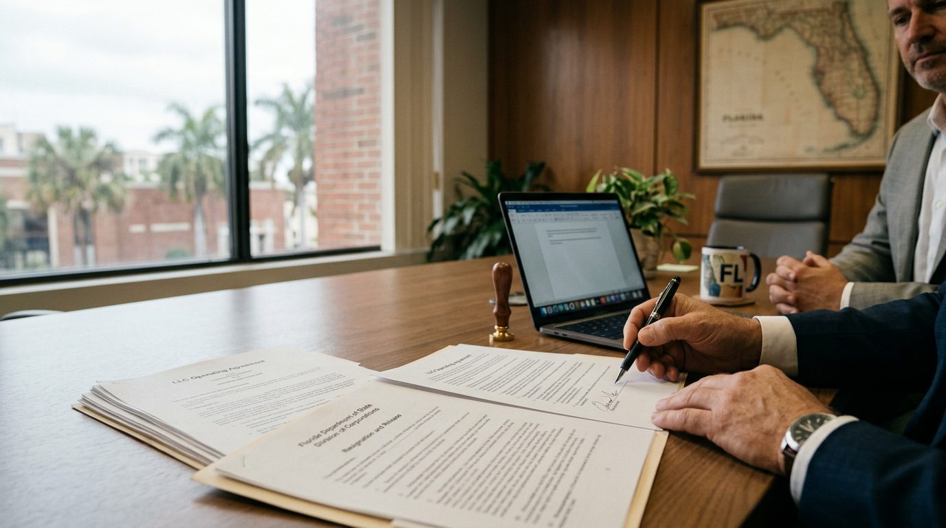 Desk with an LLC operating agreement, a pen, and Florida legal forms in a bright office