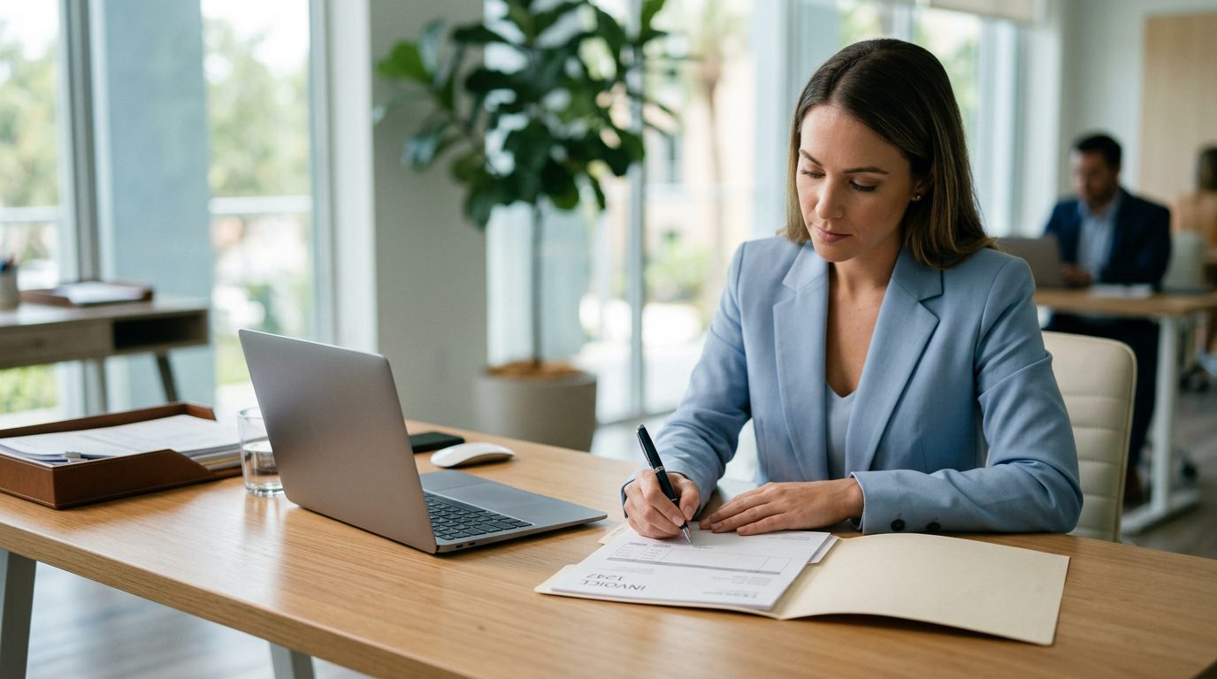 Desk with an open invoice, calculator, and pen beside a laptop showing a payment due date.