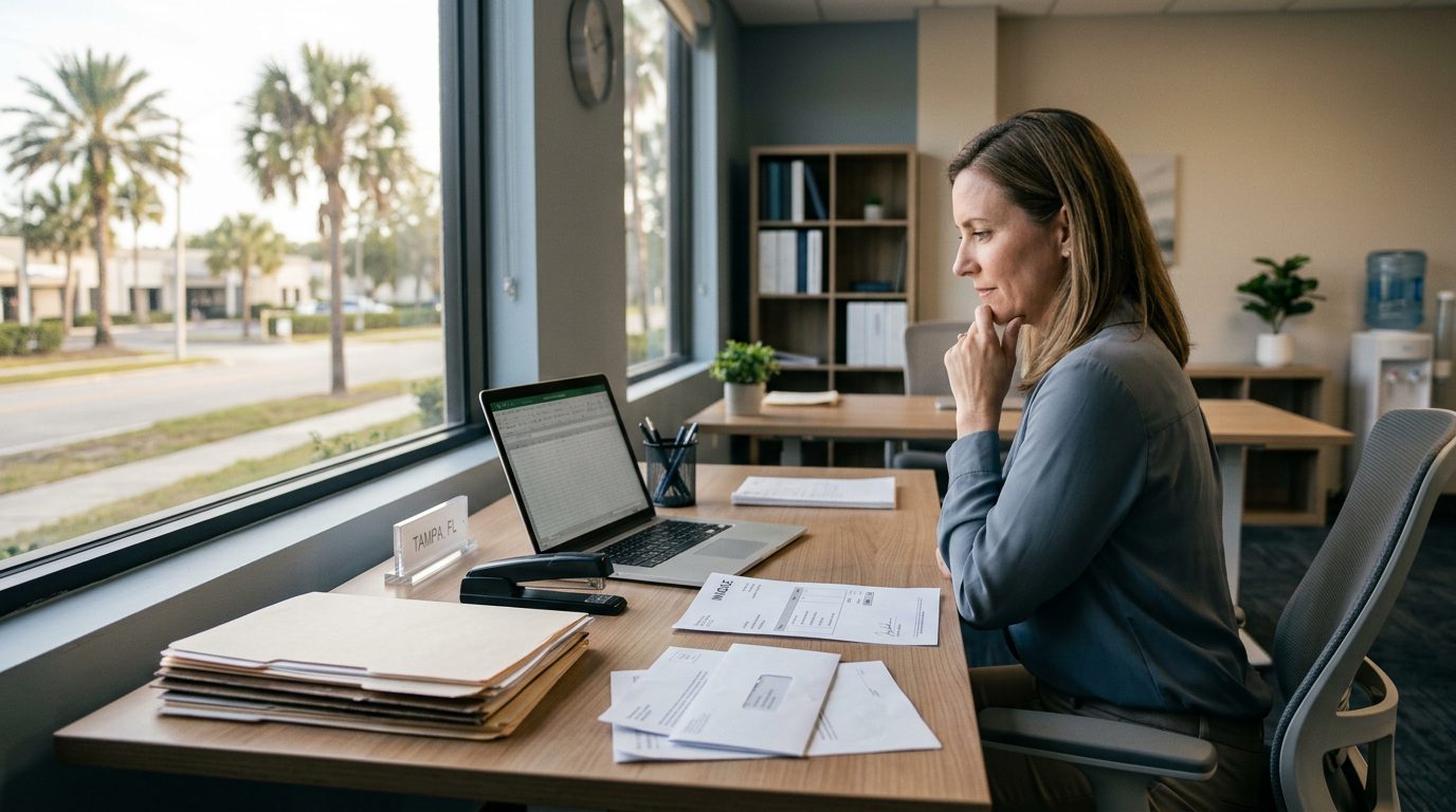 Desk with an unpaid invoice, laptop, and calculator in a Florida office setting.