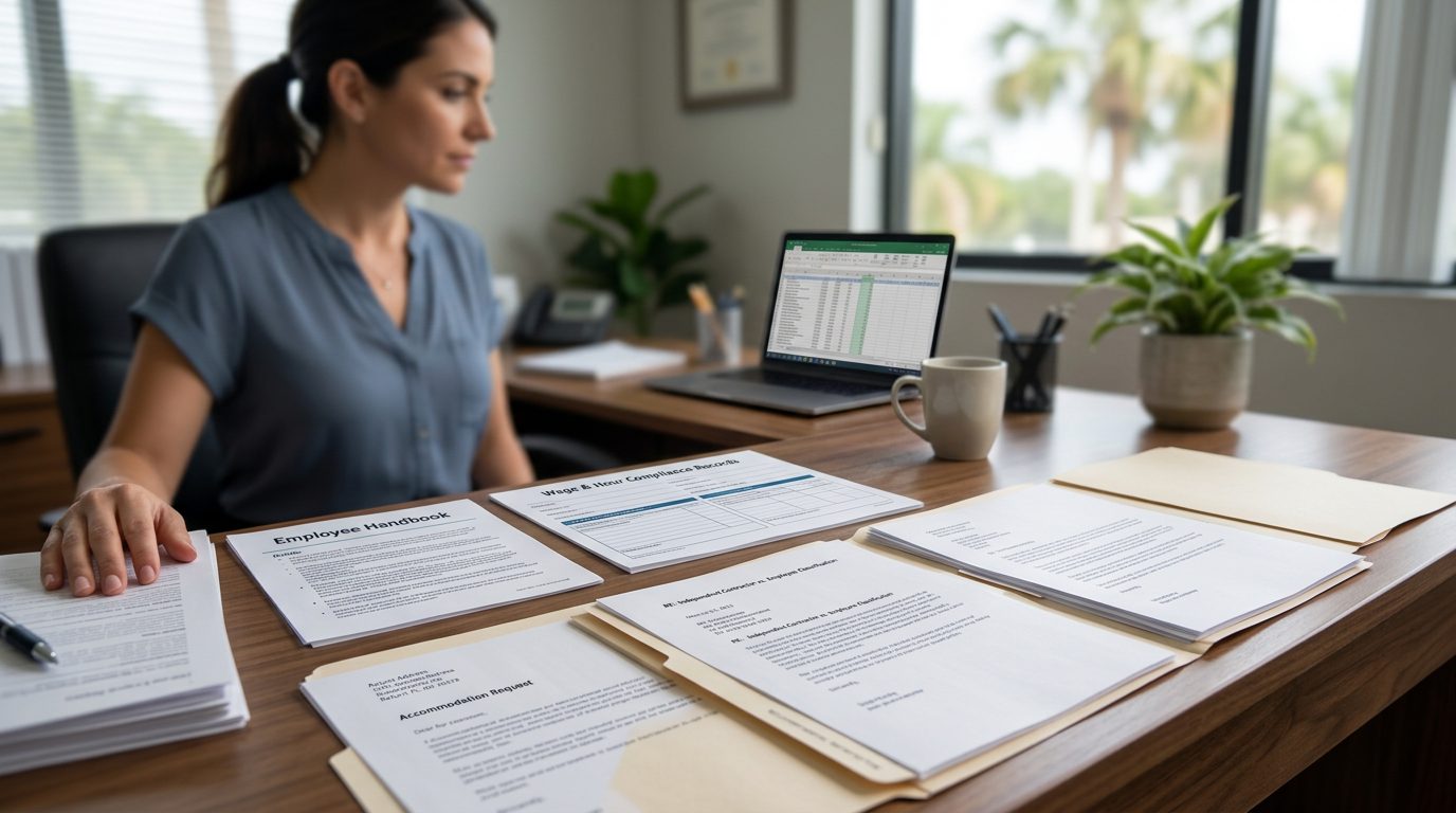 Desk with employee handbooks, compliance records, and legal correspondence in a small business owner's workspace.