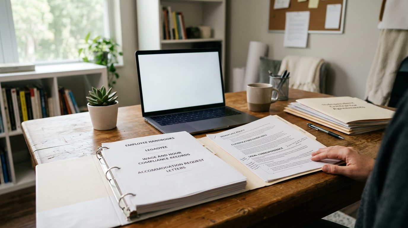 Desk with employee handbooks, wage and hour records, and legal correspondence on workplace policy.
