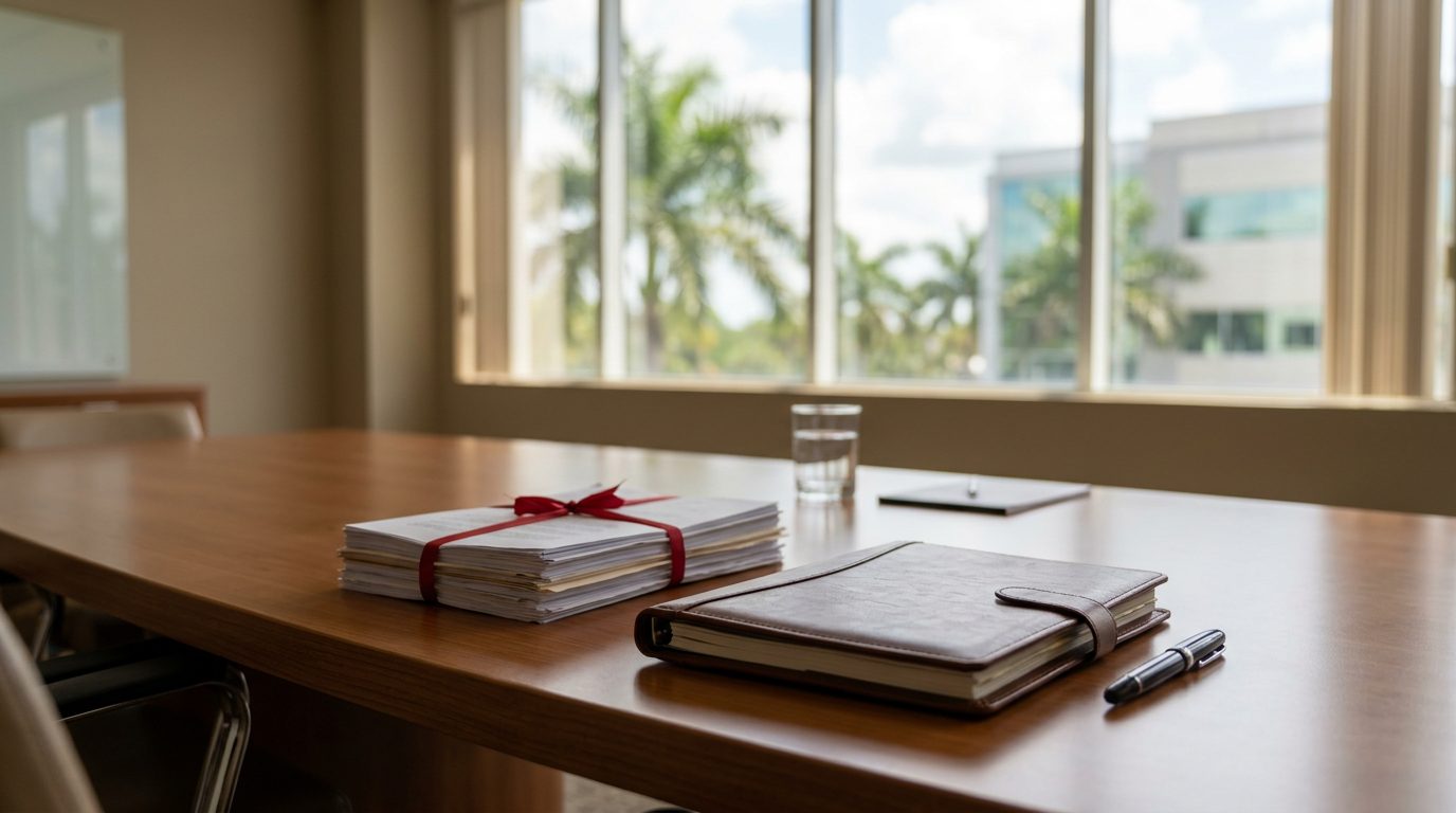 Desk with legal documents, a notepad, and a pen set up for a Florida workplace harassment complaint review.