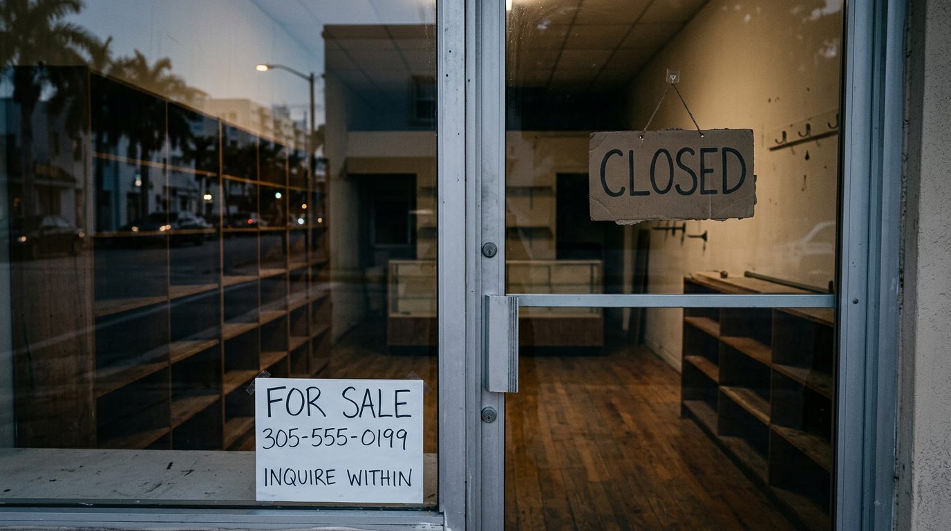 Dimly lit small shop interior after hours with a closed sign, empty shelves, and a for-sale notice on the window.