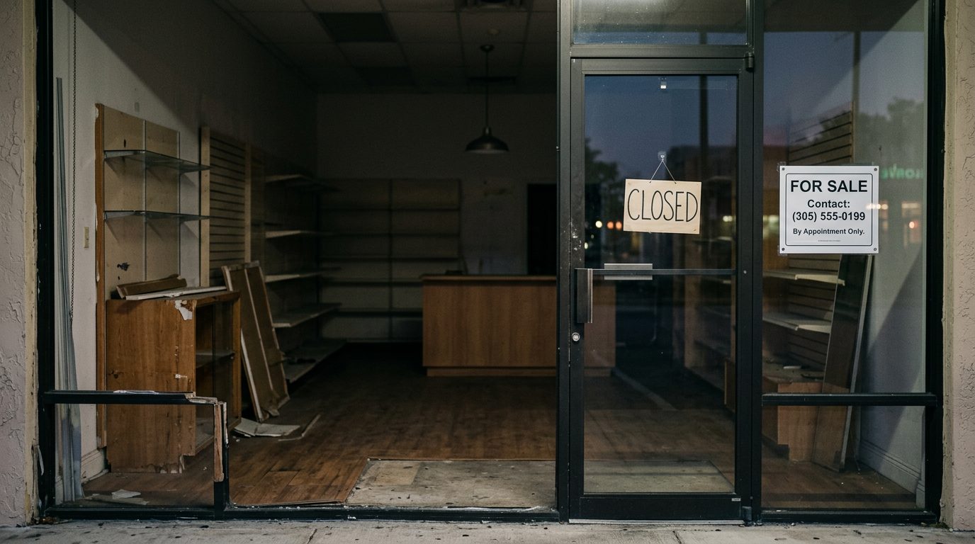 Empty shelves in a closed small business storefront, with a "for sale" notice on the window.
