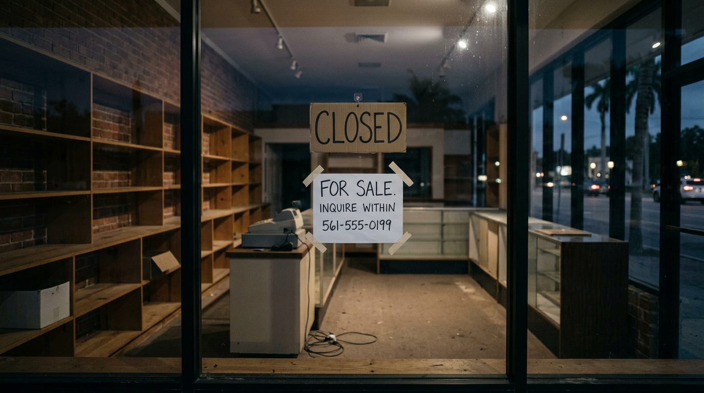Empty shelves inside a closed small business storefront after hours, with a "for sale" notice on the window.