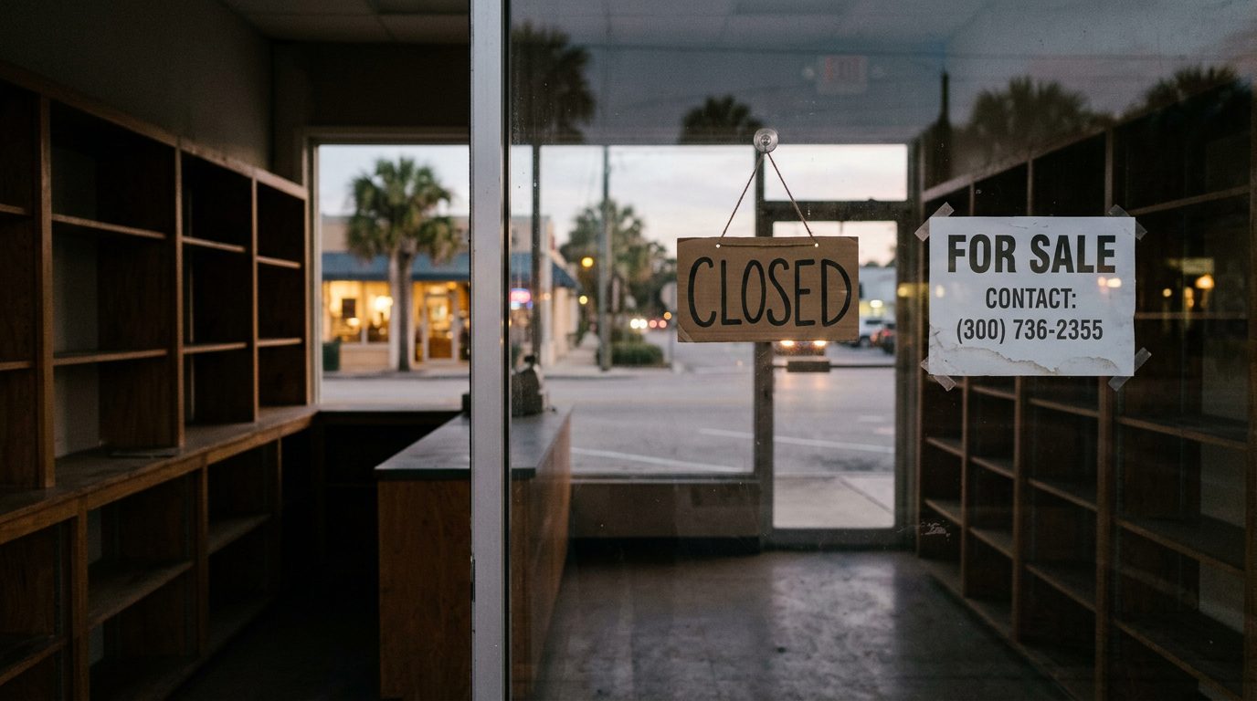 Empty shelves inside a closed small business storefront, with a "for sale" notice in the window.