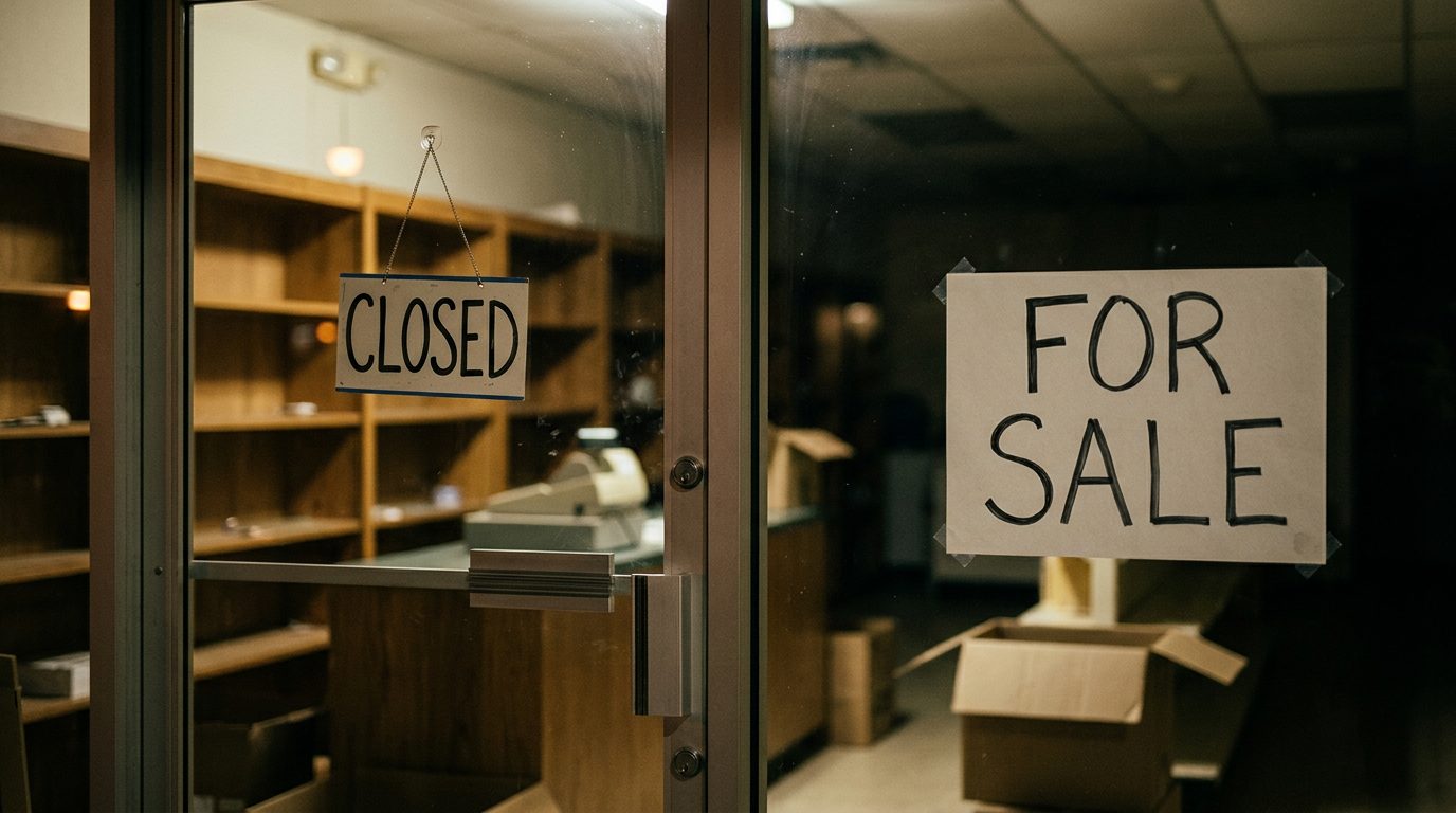 Empty shelves inside a closed small business storefront, with a "for sale" notice in the window.