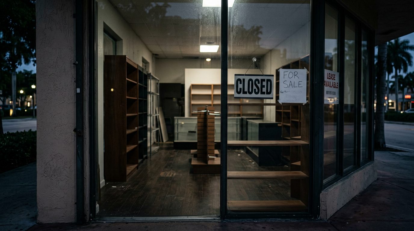 Empty shelves inside a closed storefront after hours, with a "for sale" notice taped to the window.