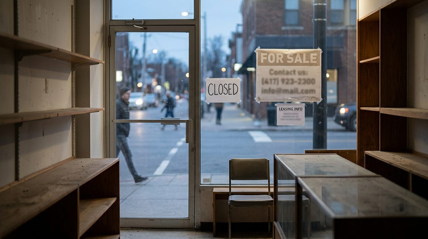 Empty shelves inside a dark small-business storefront, with a closed sign and a for-sale notice in the window.
