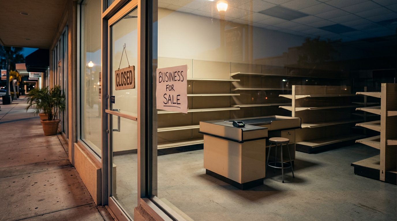 Empty shelves inside a dark small business storefront, with a "Closed" sign and a "For Sale" notice on the window.