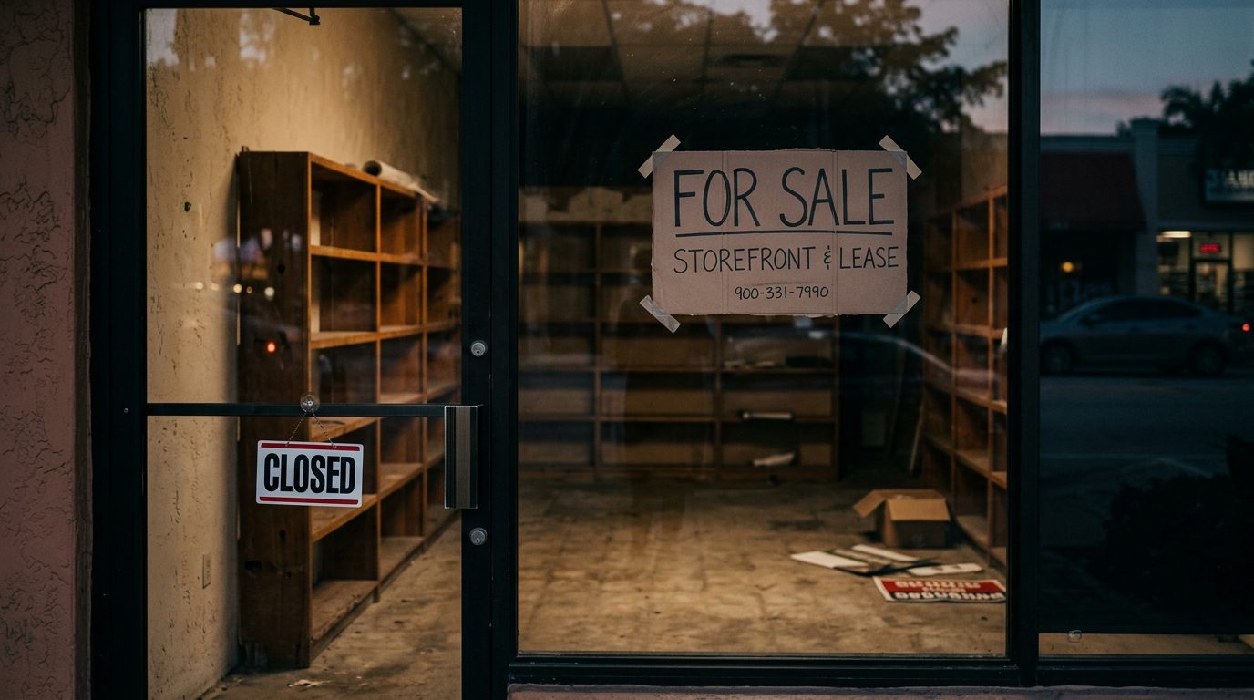 Empty shelves inside a dark storefront after hours, with a "closed" sign and a "for sale" notice on the window.