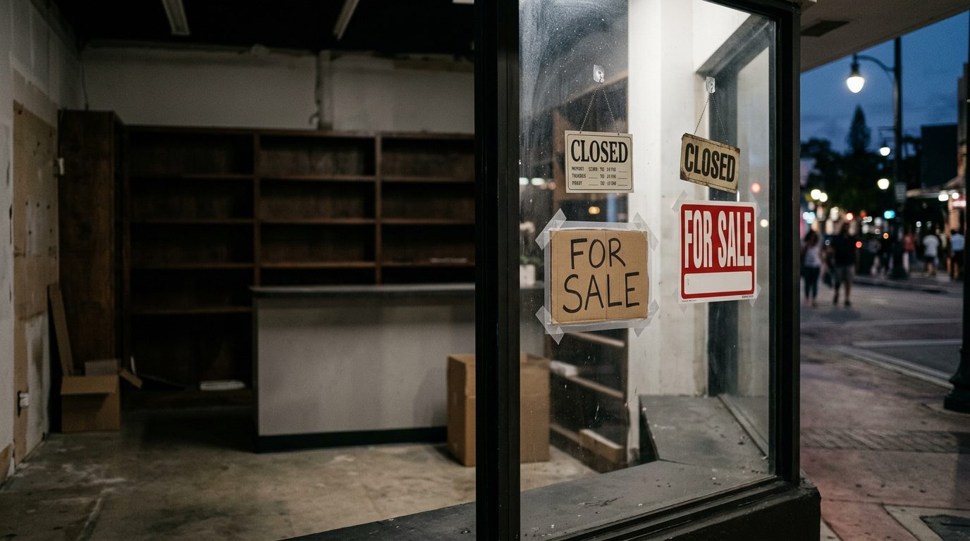 Empty shelves inside a dark storefront with a "closed" sign and a "for sale" notice in the window.