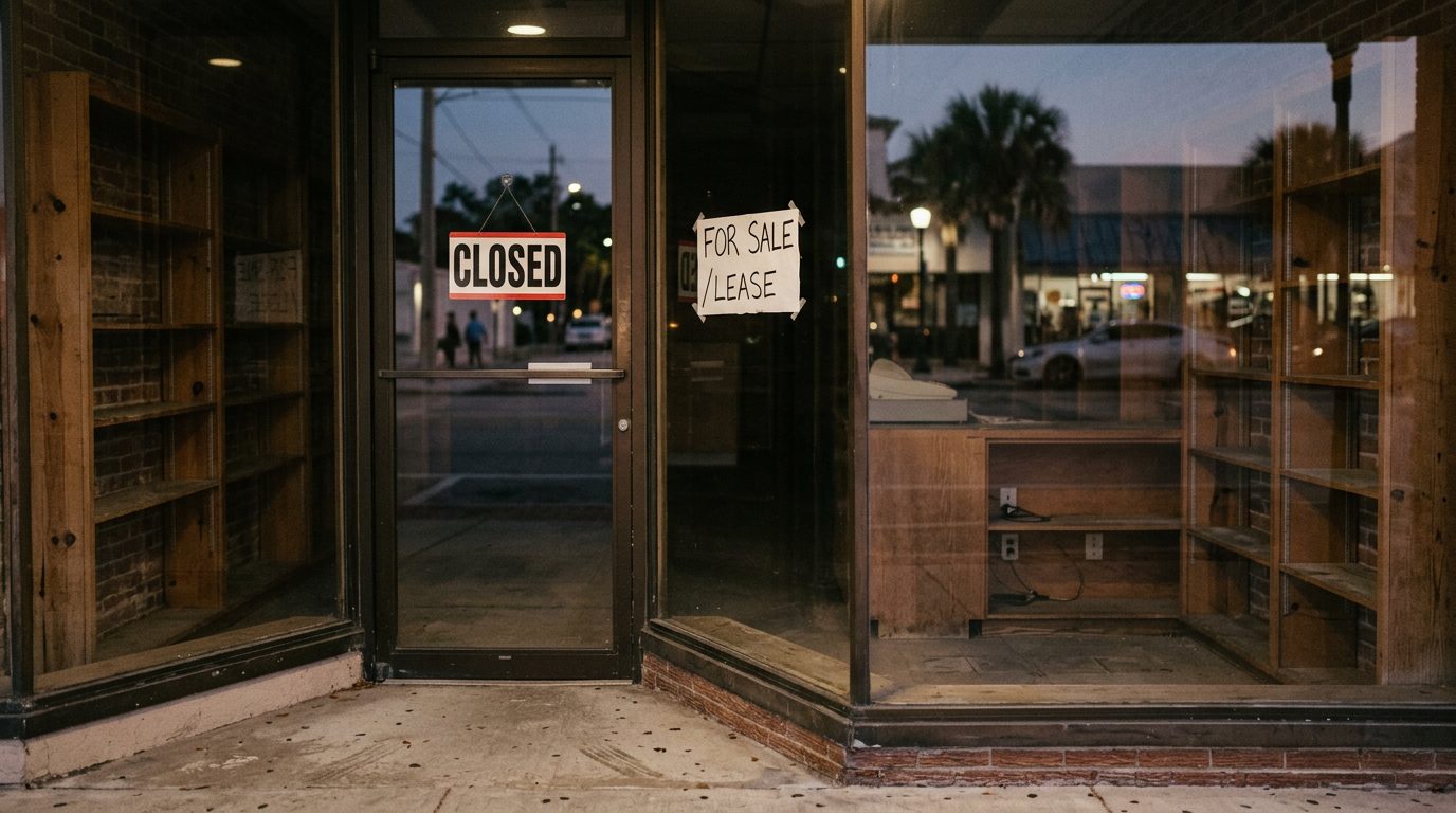 Empty shelves inside a dark storefront with a "Closed" sign and a "For Sale" notice on the window.