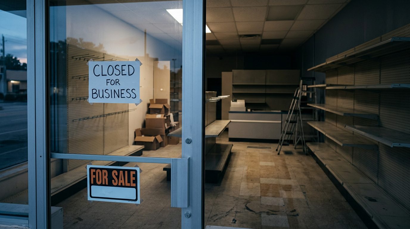 Empty shelves inside a dark storefront with a closed sign and a for sale notice in the window.