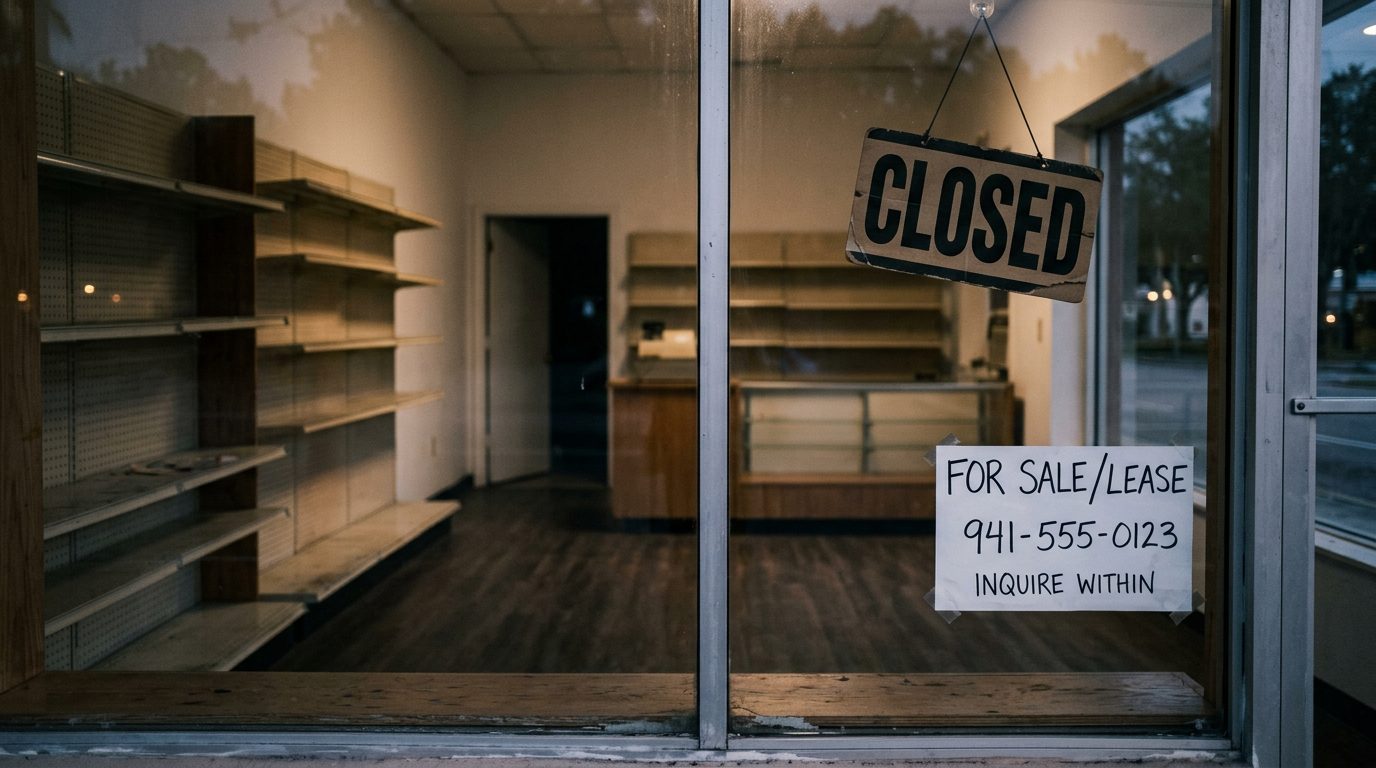 Empty shelves inside a dark storefront, with a "Closed" sign and a "For Sale" notice on the window.