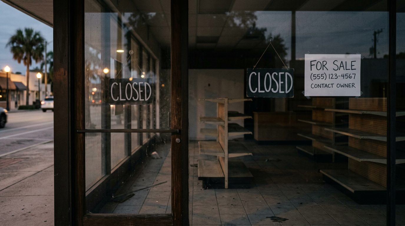 Empty shelves inside a darkened small shop, with a "Closed" sign on the door and a "For Sale" notice on the window.