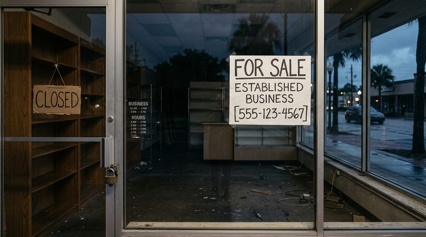 Empty shelves inside a dimly lit small business storefront after hours, with a closed sign and a for-sale notice on the window.