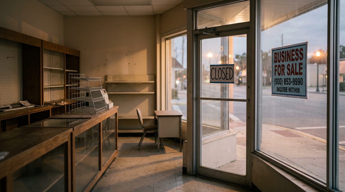 Estantes vacíos dentro de una pequeña tienda cerrada, con un letrero de "Cerrado" en la puerta y un aviso de "Se vende" en el escaparate.