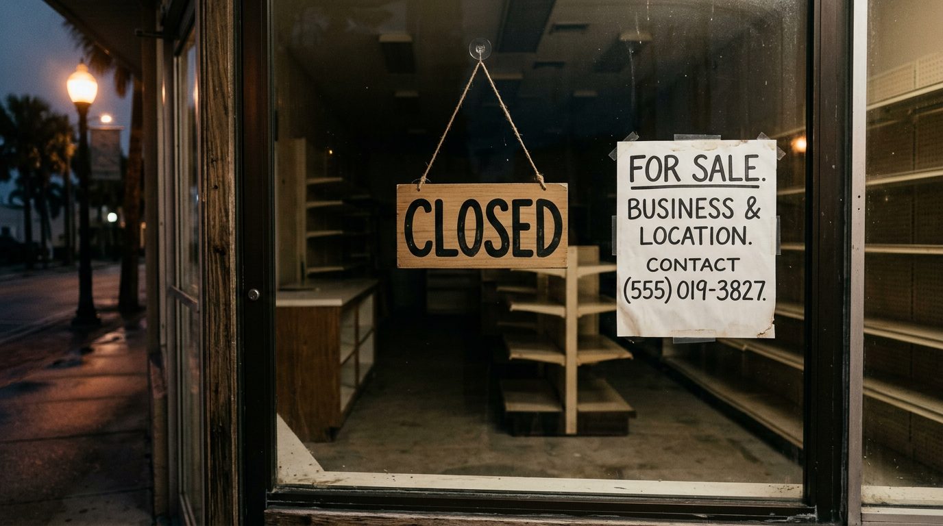 Empty small-business storefront after hours, with a closed sign, bare shelves, and a for-sale notice in the window.