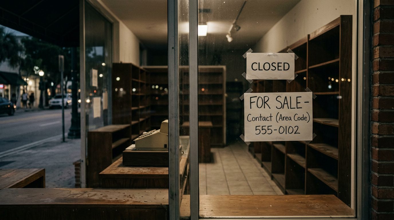 Local comercial vacío después del horario de cierre, con un letrero de "cerrado" y una nota de "se vende" en la ventana.