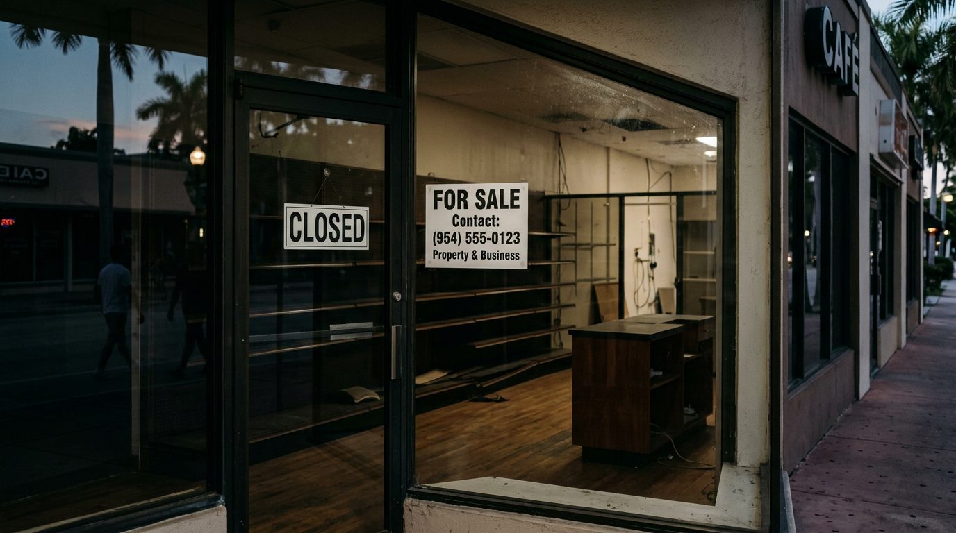 Empty storefront after hours with a "closed" sign, bare shelves, and a "for sale" notice in the window.