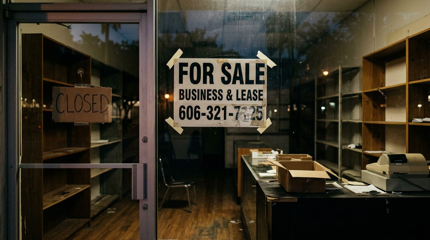Empty storefront interior after hours, with a closed sign, bare shelves, and a for sale notice on the window.