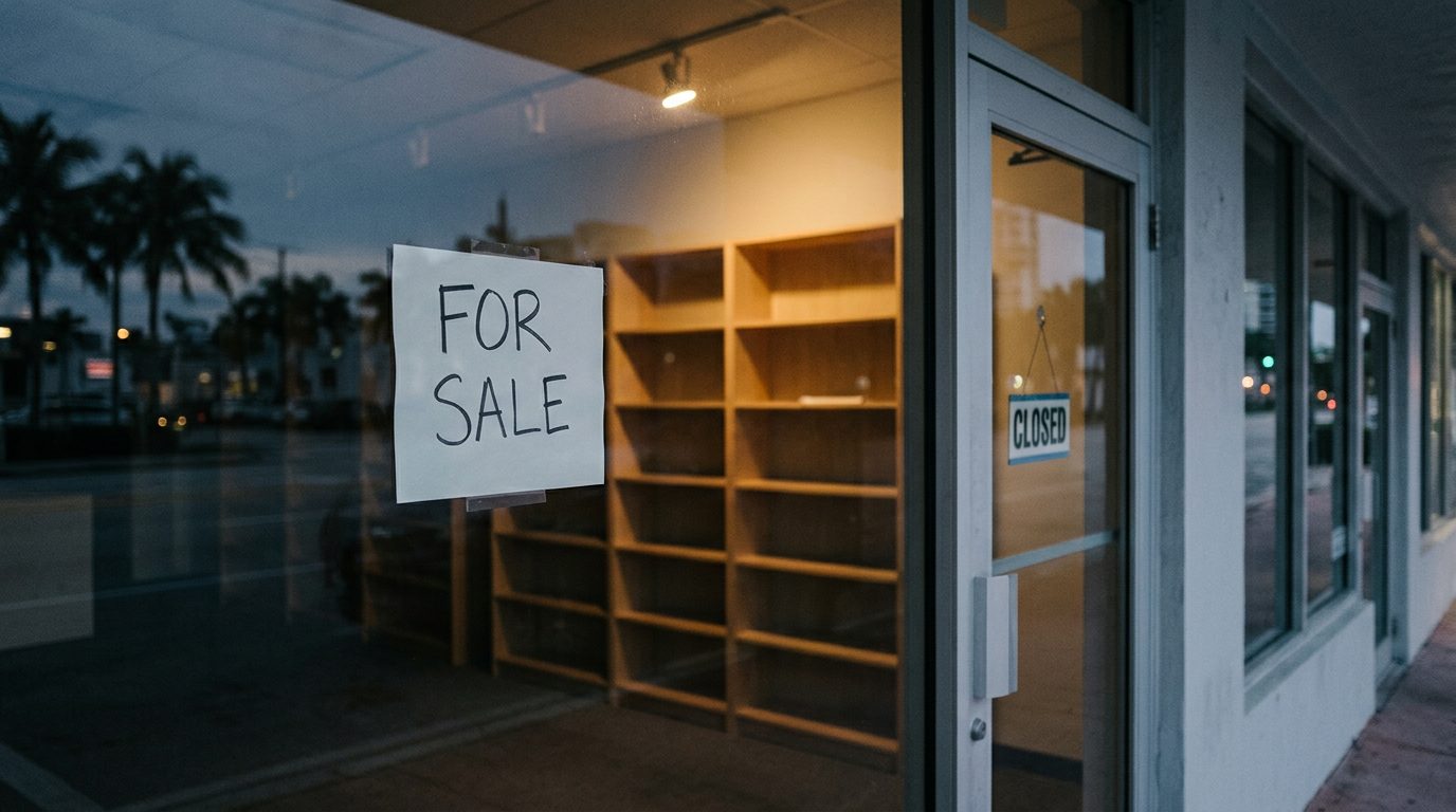 Interior de un local comercial vacío por la noche, con un cartel de "cerrado", estantes desnudos y un aviso de "se vende" en la ventana.