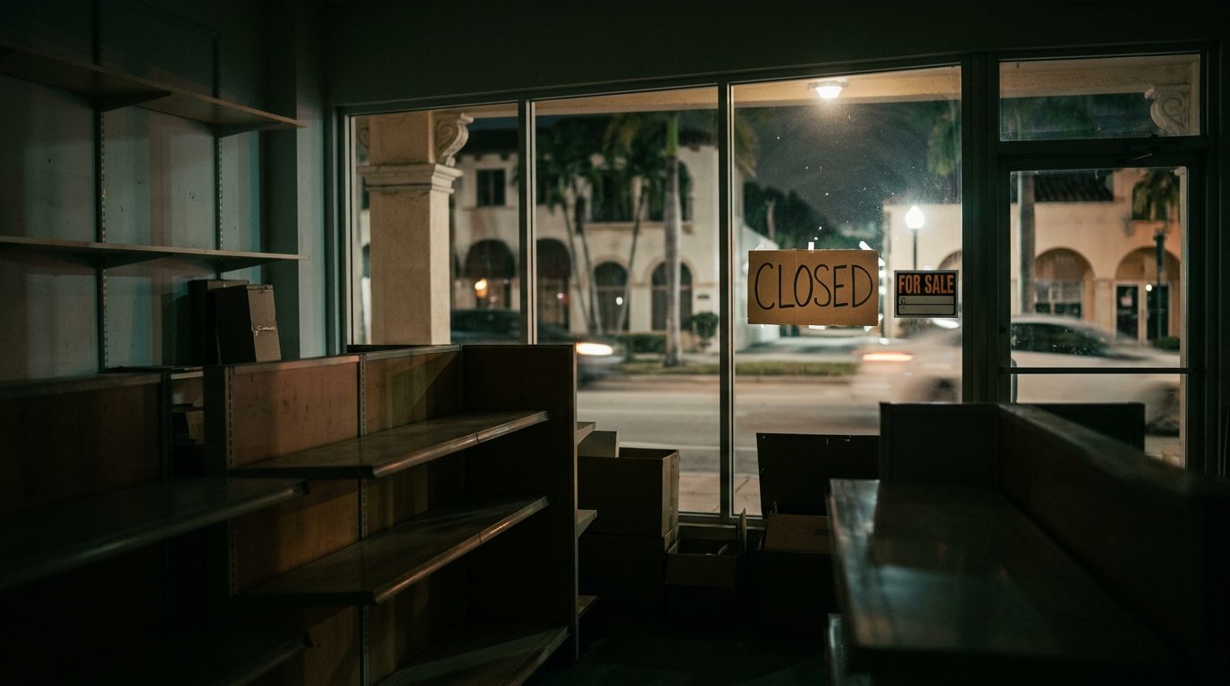 Empty storefront interior after hours, with a closed sign, bare shelves, and a for-sale notice in the window.