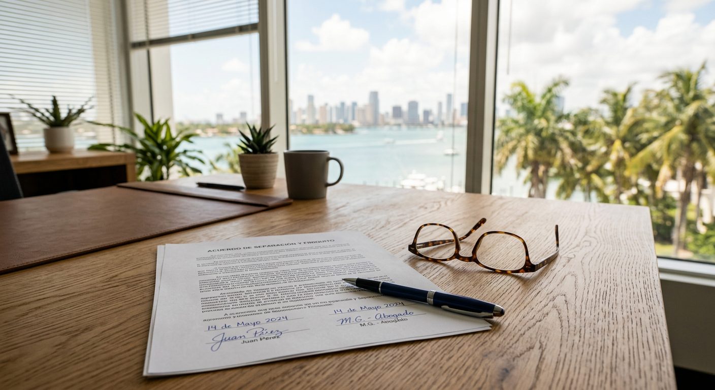 Escritorio con un acuerdo de separación firmado, un bolígrafo y unas gafas junto a una ventana de oficina en Florida.