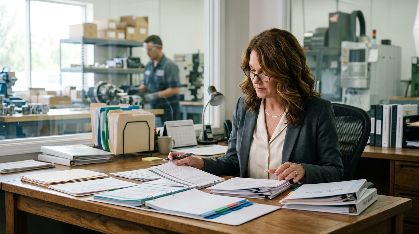 General counsel reviewing compliance documentation at desk in manufacturing facility.