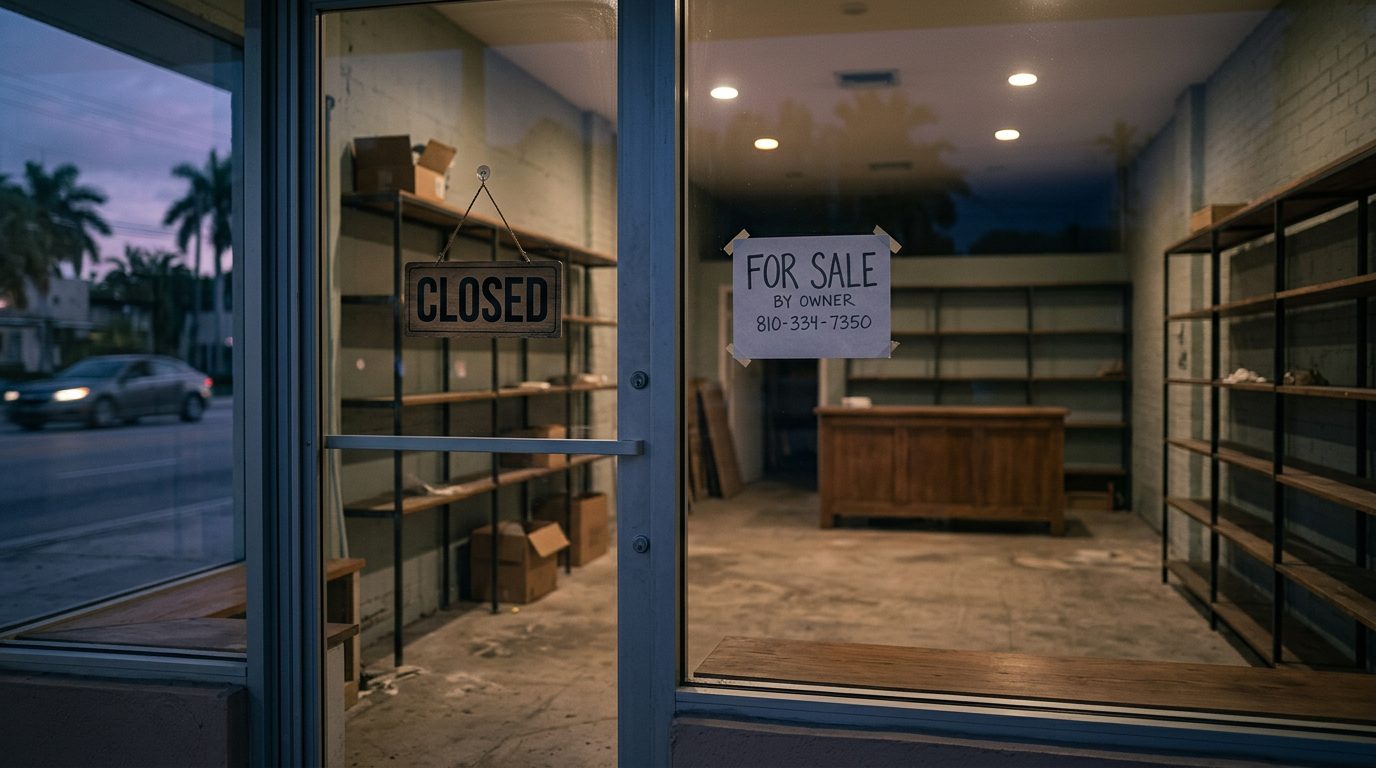 Interior of a small storefront after hours with a closed sign, empty shelves, and a for-sale notice on the window
