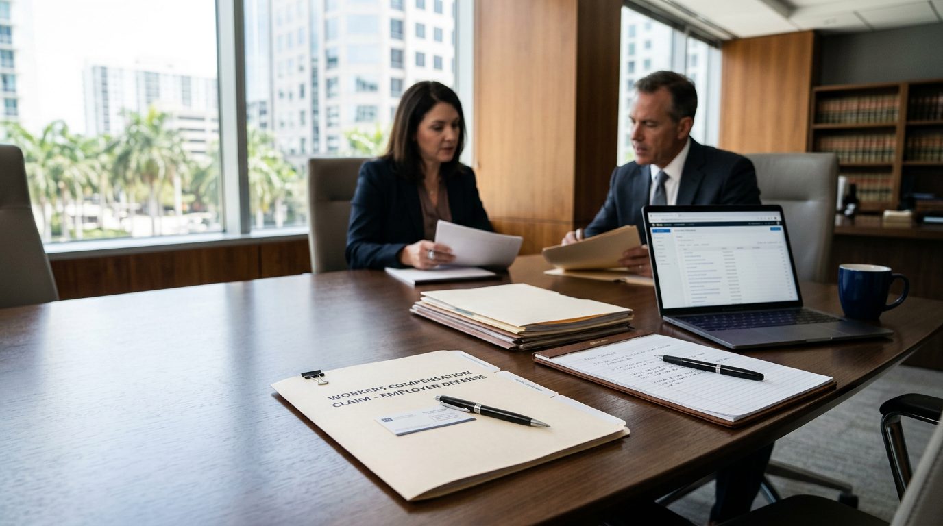 Legal documents and a pen on an office desk, representing a Florida workers' compensation claim.