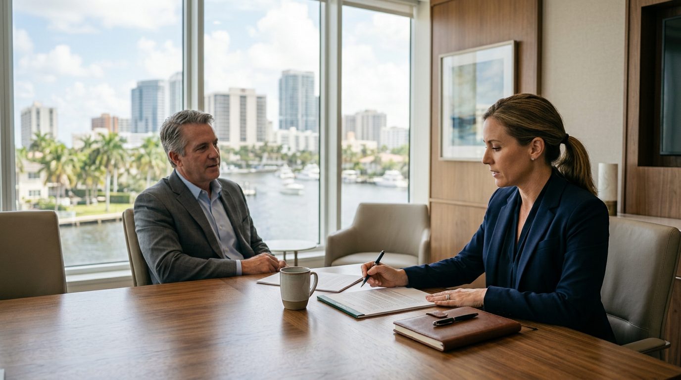 Sala de reuniones moderna de un bufete con documentos sobre la mesa y vistas a edificios de Fort Lauderdale.