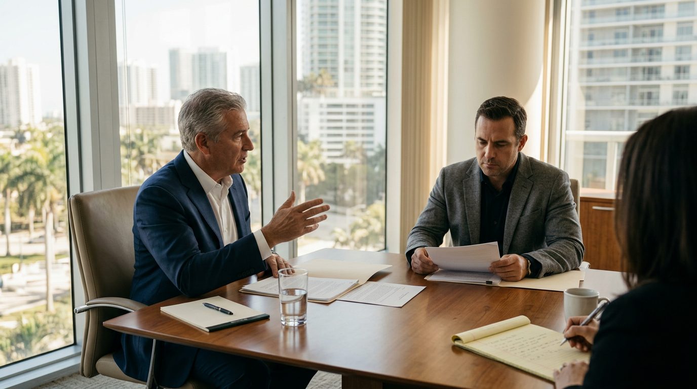 Sala de reuniones moderna de un despacho de abogados en Miami, con mesa de cristal, sillas de cuero y vistas al skyline de la ciudad.