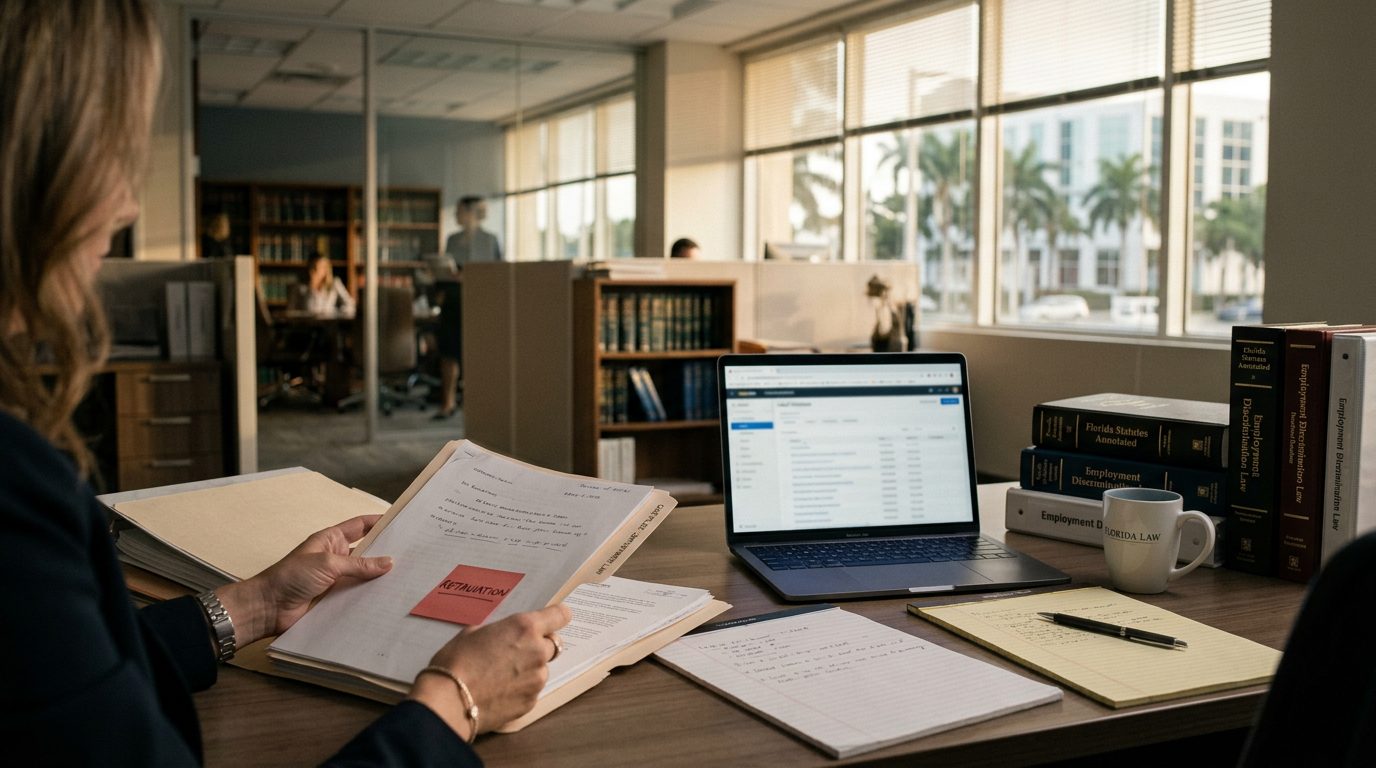 Office scene with a gavel, a legal document, and a pen on a desk, representing Florida employment law.