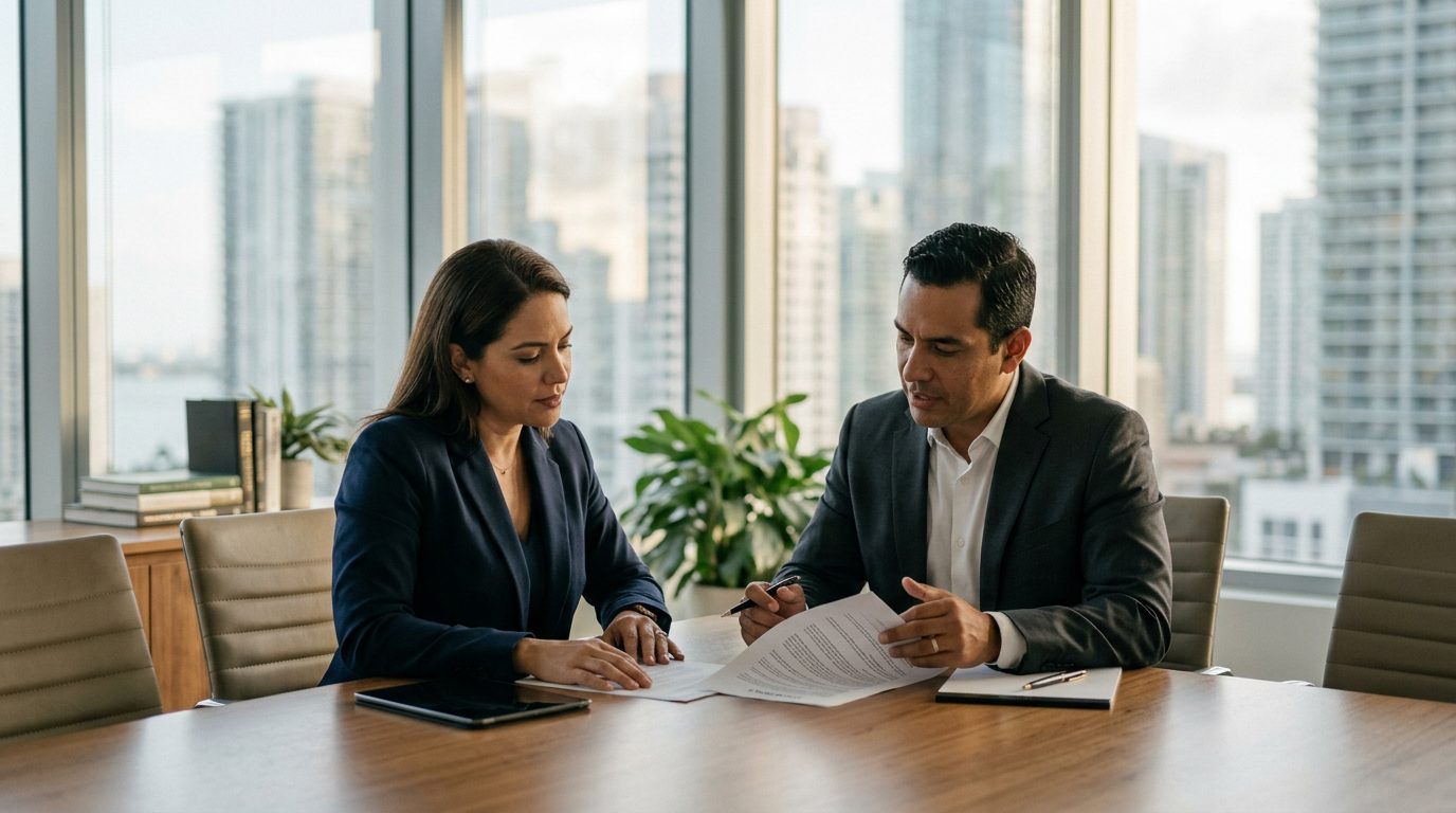 Profesional en traje revisando documentos legales en oficina moderna.