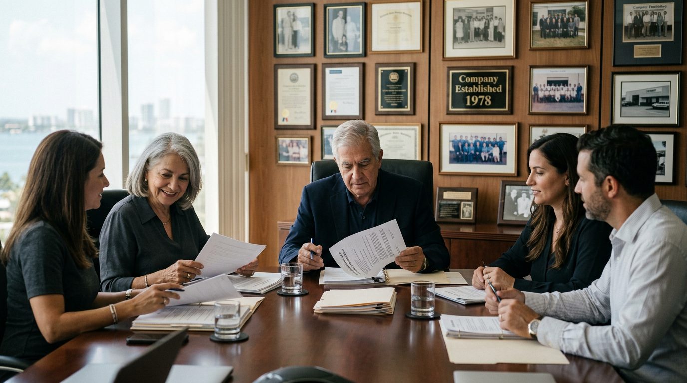 Shareholders of a family-owned business review succession and sale documents around a boardroom table beneath framed company history.