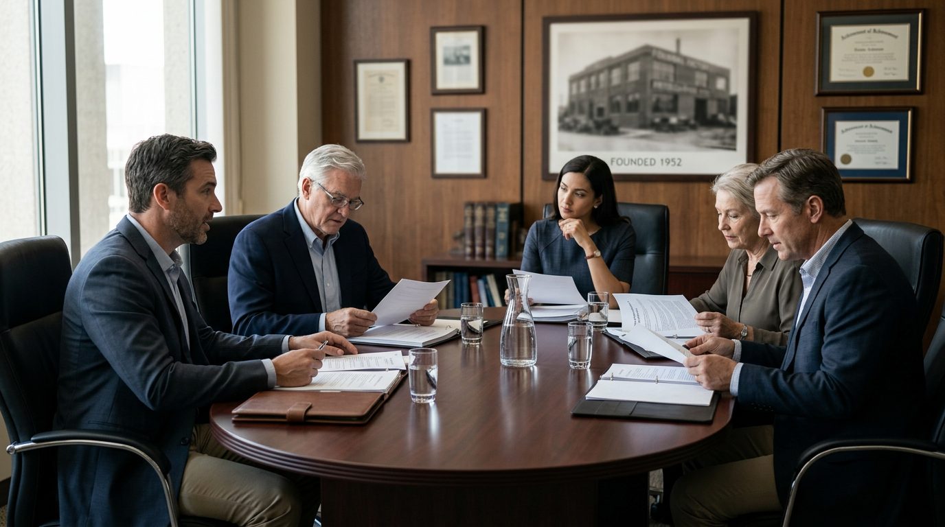 Shareholders seated around a boardroom table review succession and sale documents beneath framed company history on the walls.
