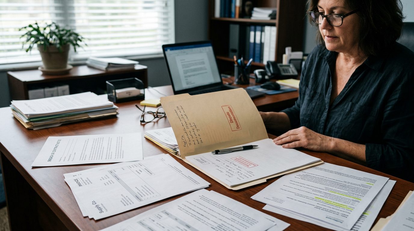 Small business owner's desk covered in vendor invoices, contract breach notices, and an open legal folder of dispute documents.