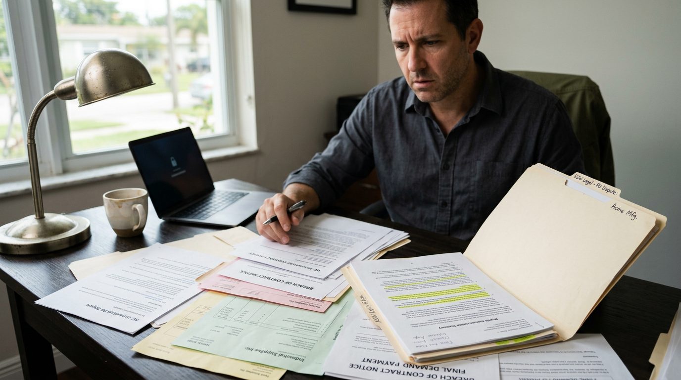 Escritorio de un pequeño empresario cubierto de facturas de proveedores, avisos de incumplimiento de contrato y una carpeta de disputa legal abierta.