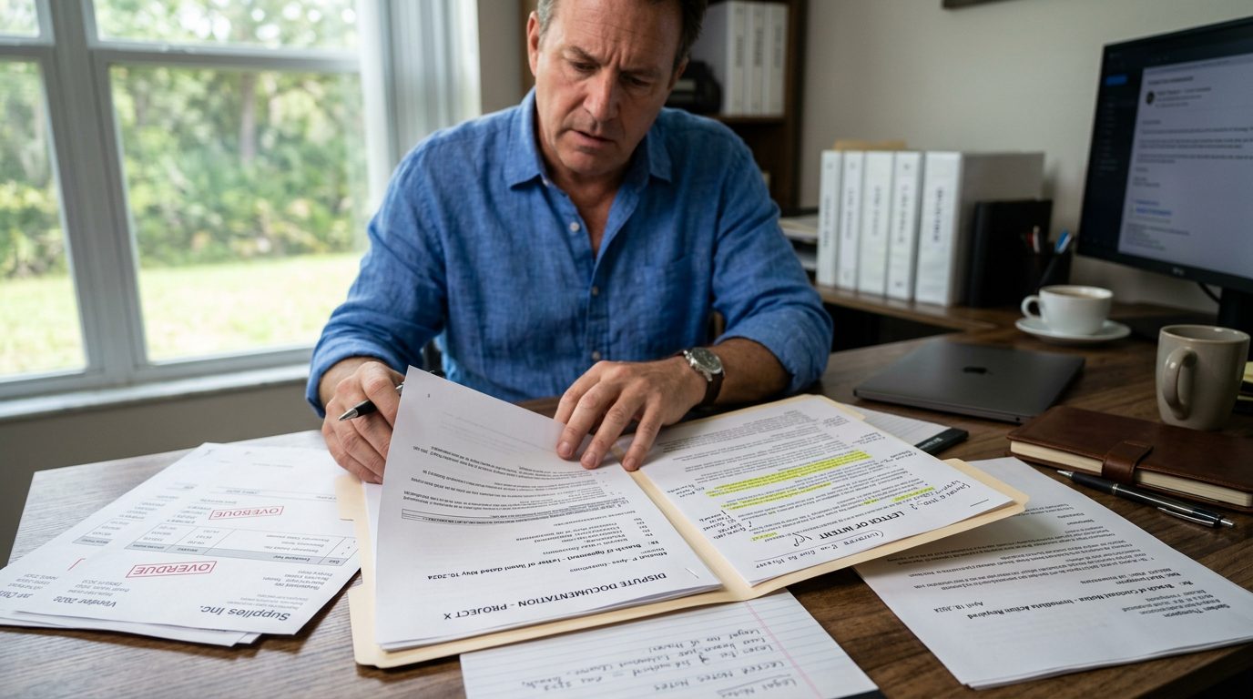 Small business owner's desk covered with vendor invoices, breach of contract notices, and an open legal file folder.