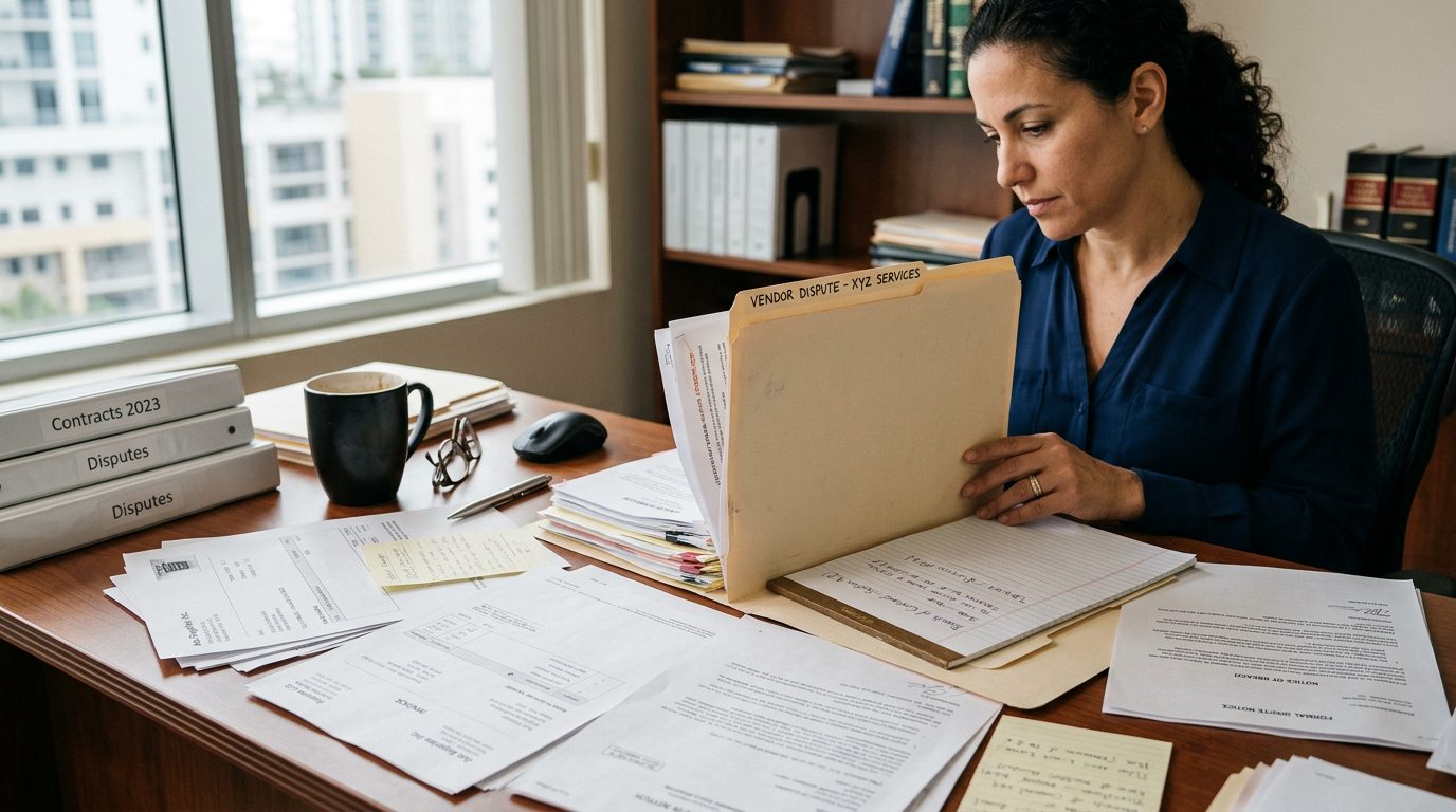 Small business owner's desk covered with vendor invoices, breach of contract notices, and an open legal dispute file.