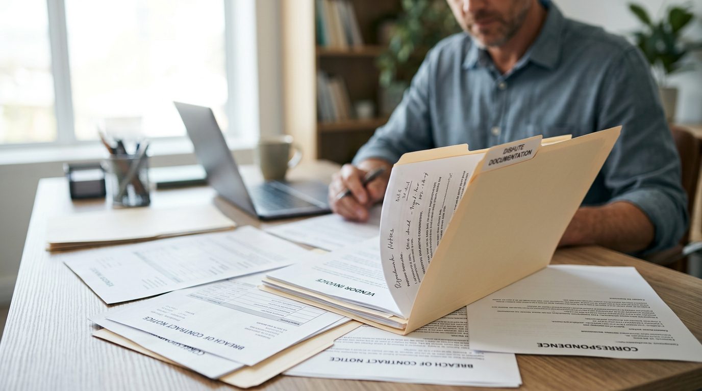 Escritorio de un pequeño empresario lleno de facturas de proveedores, impresiones de correos y una carpeta legal abierta con documentos de disputa.