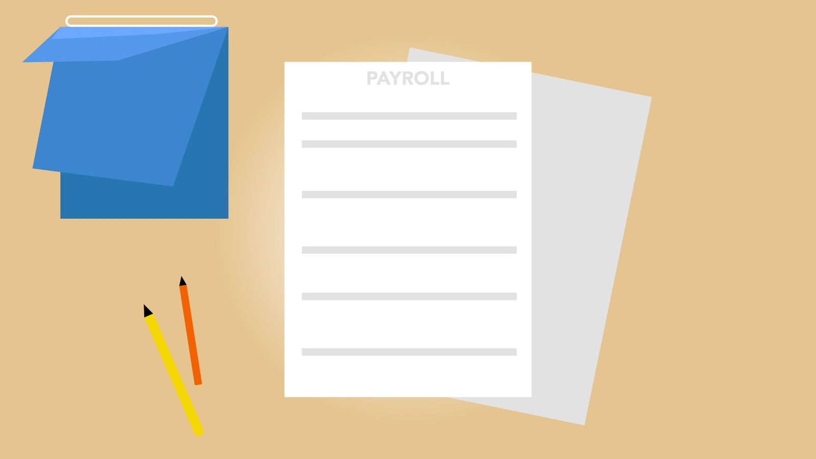 Vector illustration of payroll documents on a beige desk beside pencils and a calendar.