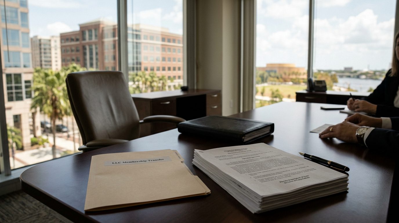 Wide view of a tidy office desk with LLC operating agreement papers, a pen, and a laptop in natural light.
