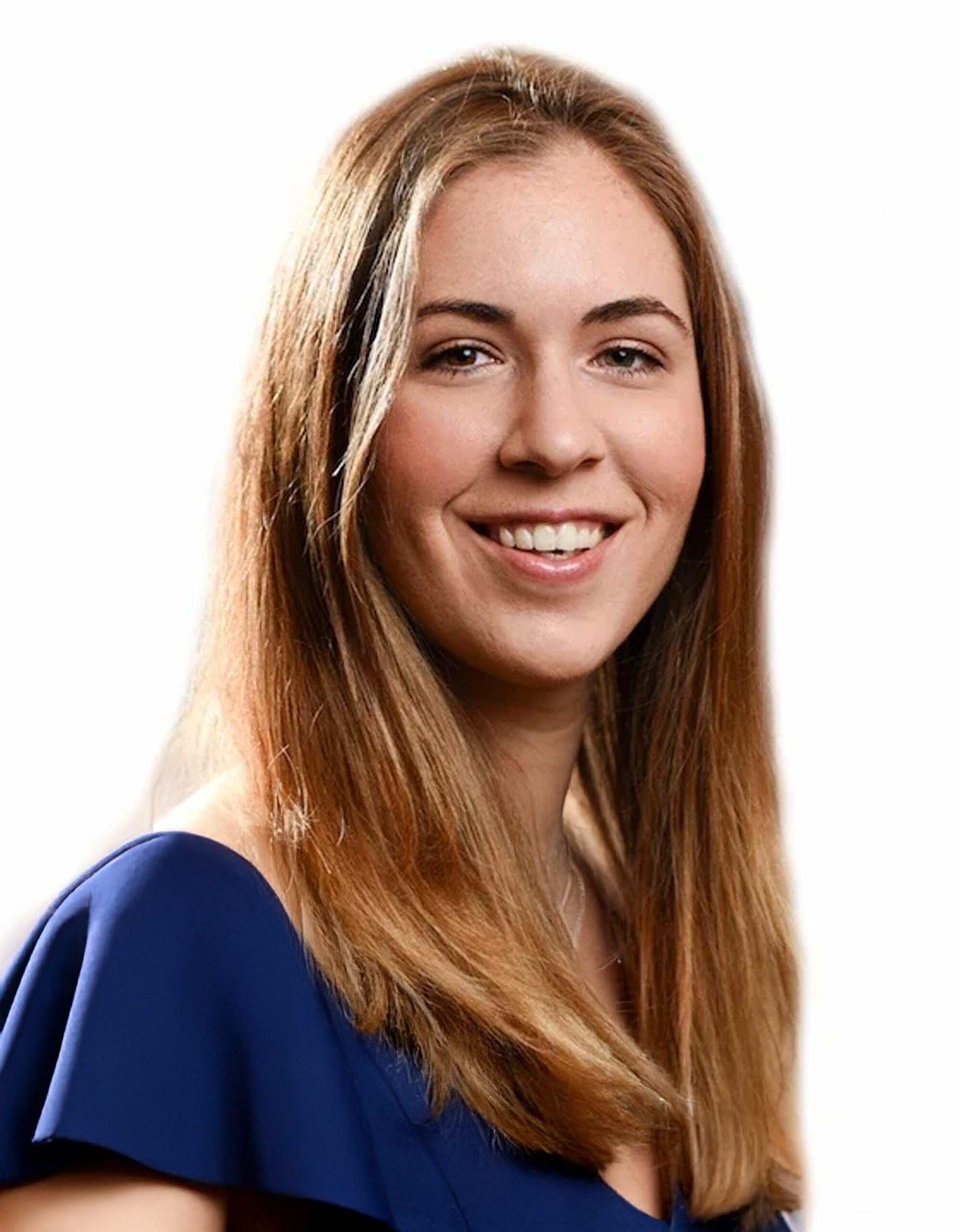 Woman smiling in blue dress against white background.