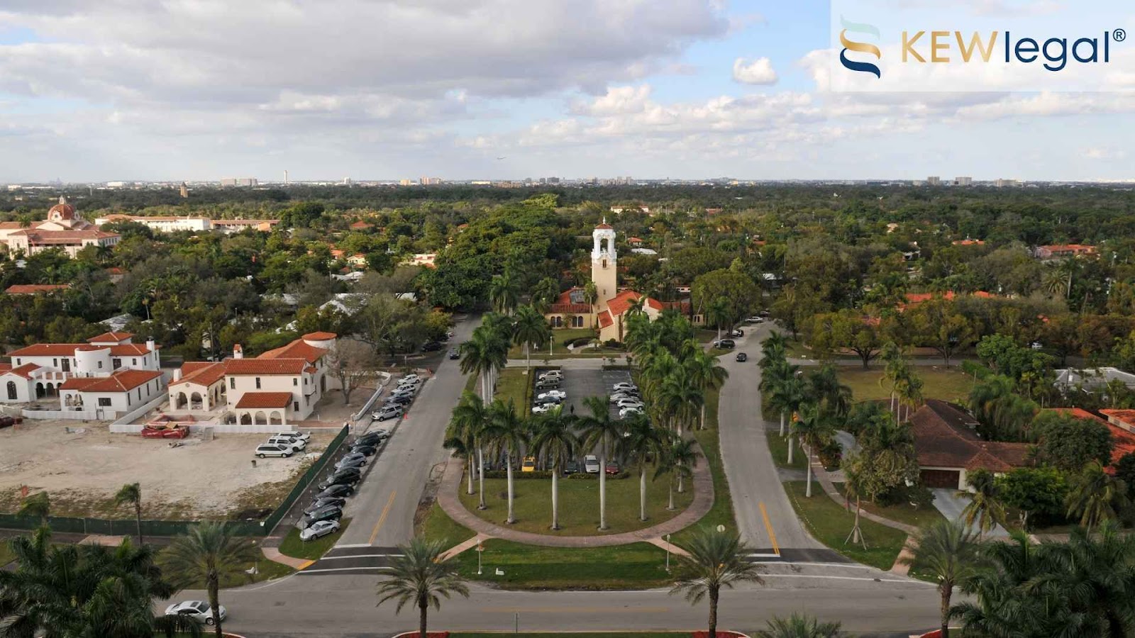 Aerial view of suburban area i n Coral Gables Florida with palm-lined roads.